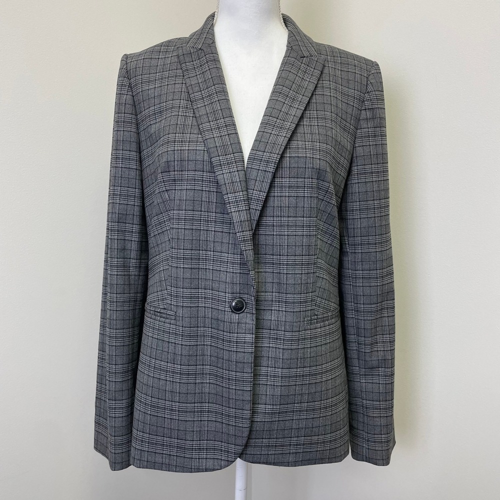 J.Crew Glen Plaid Blazer Grey Black Single Button Stretch Jacket Size 14